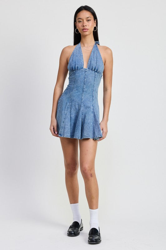 MINI HALTER NECK DENIM DRESS – SHOP DDMINE