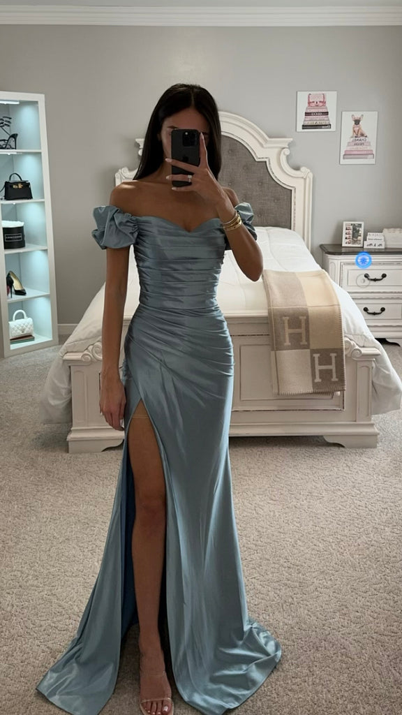 DUSTY BLUE RUFFLE SLEEVE SATIN GOWN – DDMINE