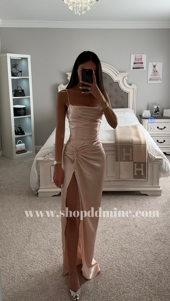 SATIN FITTED KNOT SIDE SLIT GOWN – SHOP DDMINE