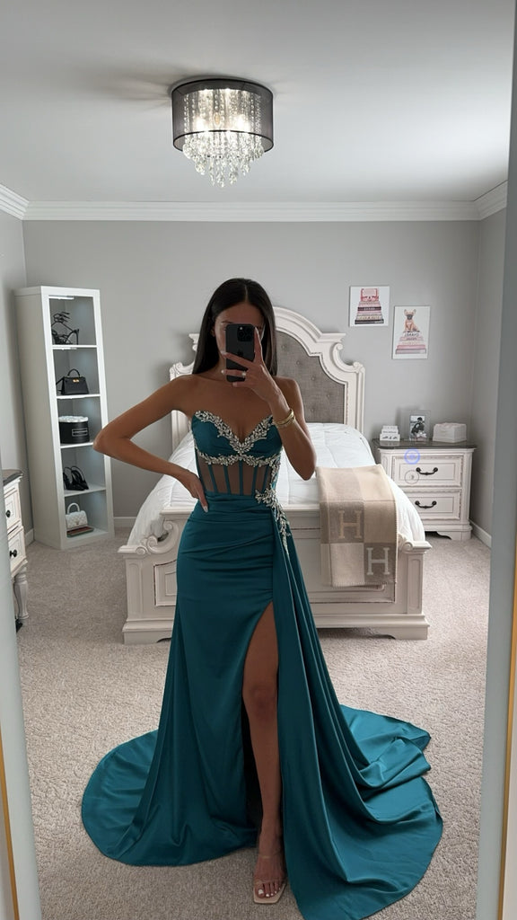 Embellished Satin Gown with Illusion Sleeves