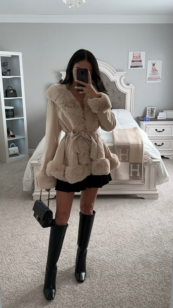 Fur trim belted sales coat