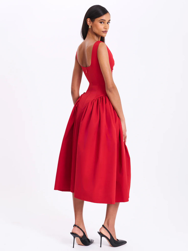 Nahla Red Drop Waist Midi Dress with Buttons – SHOP DDMINE