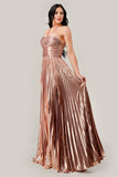 HALTER PLEATED METALLIC A LINE GOWN