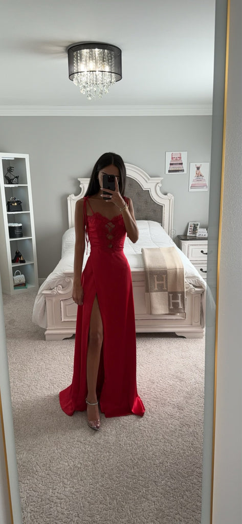 RUBY RED LACE UP HIGH SLIT SATIN DRESS – DDMINE