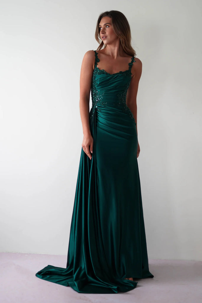 Halter Stretch Satin Gown With Pleated Bodice