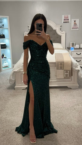 EMERALD RUCHED SPARKLY OFF SHOULDER GOWN
