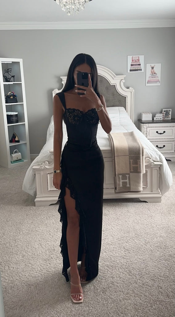 Corset Bodice Black Fitted Dress with Slit