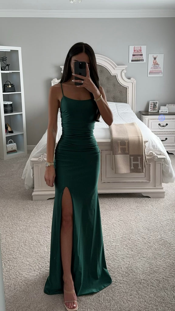 Dark green shop satin gown