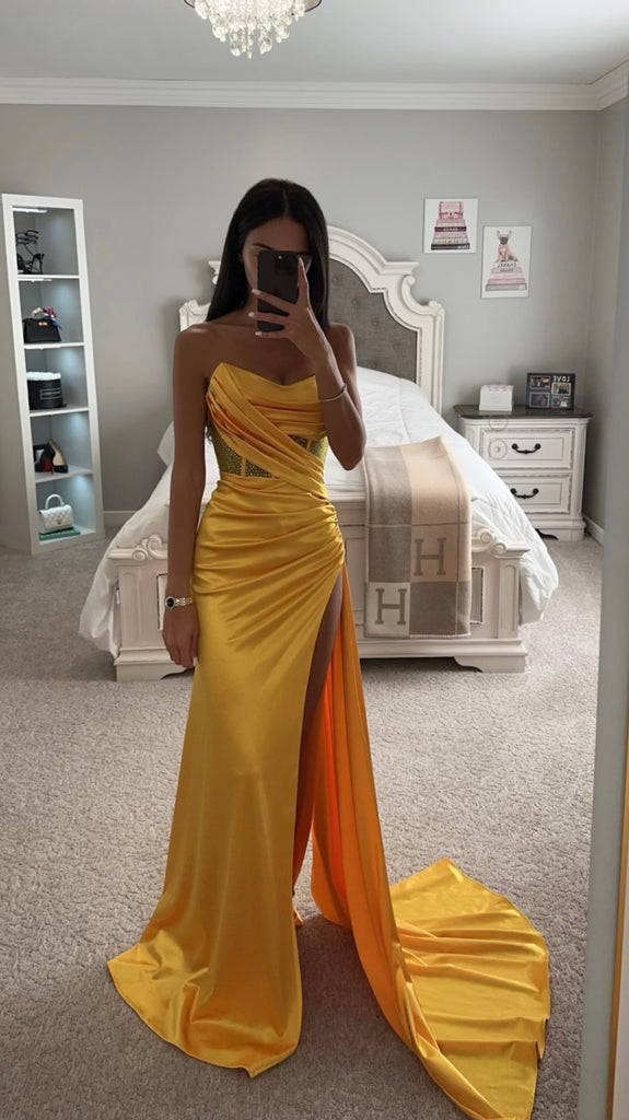 emily ratajkowski yellow silk dress Emily Ratajkowski Sheer Yellow Dress