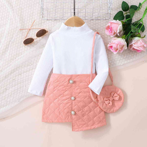 GIRLS KNIT TOP AND BUTTON SKIRT WITH BAG