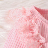 LACE DETAIL ROUND NECK BODYSUIT AND BOW PANT SET