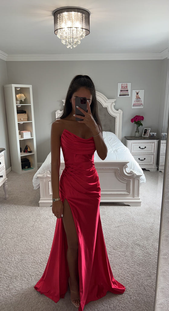 Red strapless cheap satin dress