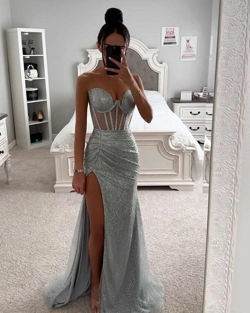 kage Encyclopedia Foran SILVER STRAPLESS GLITTER GOWN – DDMINE