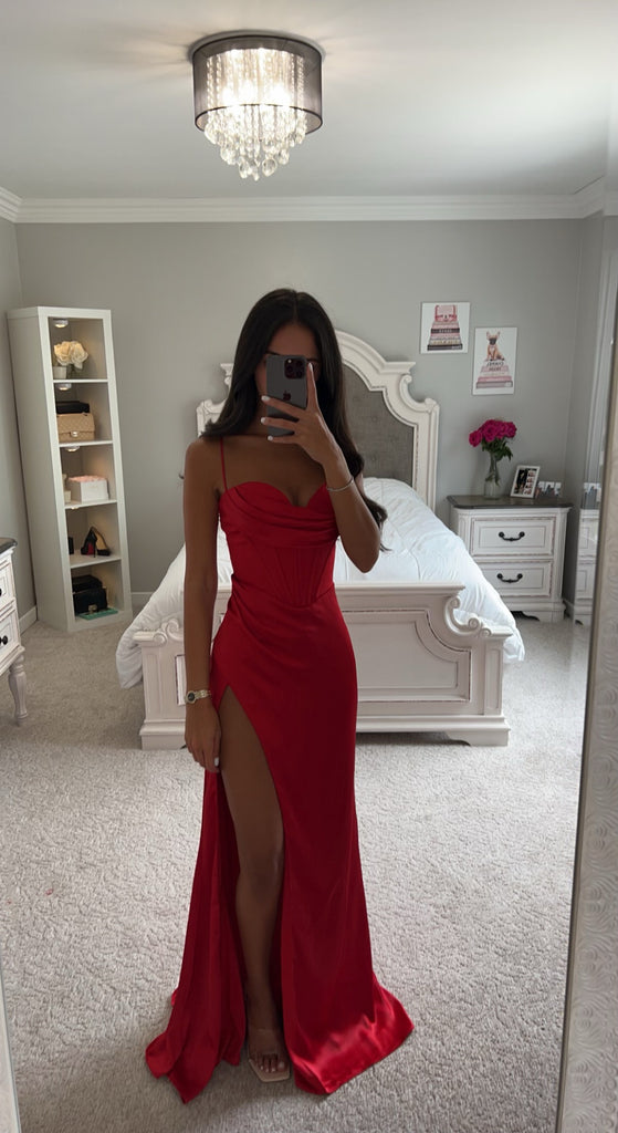 Elegant Red Corset Satin Midi Dress