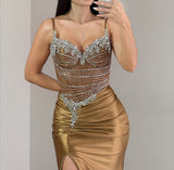 FITTED BEADED AND SATIN METALLIC GOWN