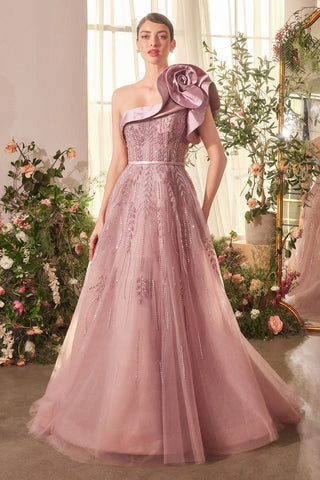 ONE SHOULDER ROSETTE MAUVE BALL GOWN