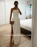 ROBE LONGUE FENTE HAUTE TEXTURÉE EN JACQUARD BLANC CASSÉ XATIA