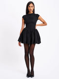 JACQUELINE BACKLESS BLACK PUFFY SUEDE MINI DRESS