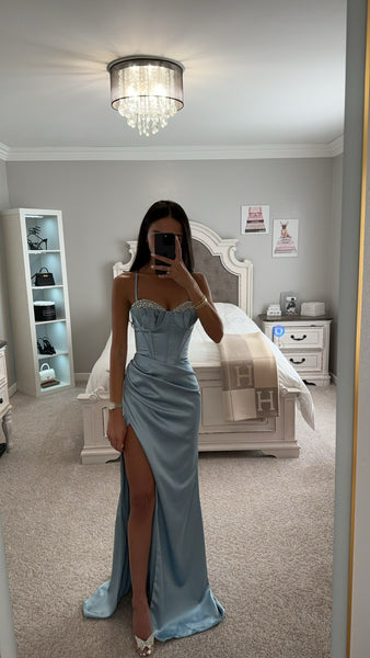 Structured Satin Gown with Beaded Sweetheart Corset Dusty Blue main image 1