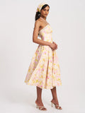 Zaina Yellow Pink Floral Print Lace Midi Dress