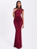 Burgundy mesh cap sleeve mermaid gown