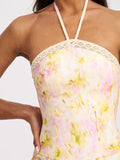 Zaina Yellow Pink Floral Print Lace Midi Dress