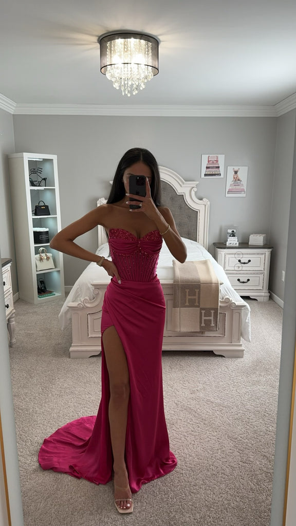 Strapless Lace-Up Corset Bodice Satin Gown Fuchsia main image 1