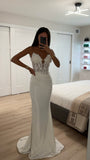 OFF WHITE STRAPLESS LACE DEEP V FITTED GOWN