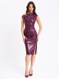 SABINA PURPLE LEATHER SLASH NECK MIDI DRESS