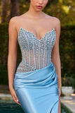 STRAPLESS BEADED BODICE AND SATIN SKIRT FITTED GOWN