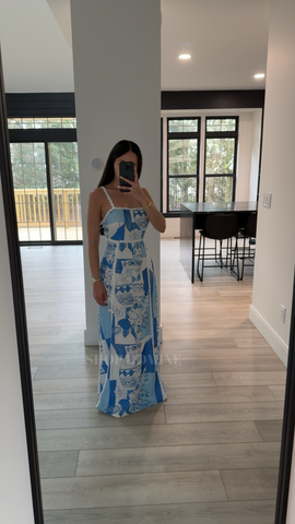 Cutout Back Printed Square Neck Maxi Dress