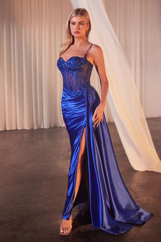 EMBELLISHED LACE AND SATIN FITTED GOWN