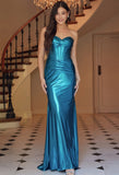 SLEEVELESS STRAPLESS TWISTED PLEATED METALLIC GOWN