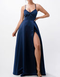 SPAGHETTI STRAP SATIN A LINE GOWN