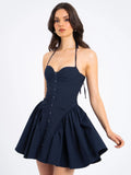 MELODY NAVY PRINT PINSTRIPE WAIST MINI DRESS