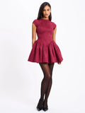 JACQUELINE BACKLESS BURGUNDY PUFFY SUEDE MINI DRESS