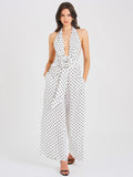 Oriana White Polka Dots Halter Jumpsuit