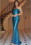 SLEEVELESS STRAPLESS TWISTED PLEATED METALLIC GOWN