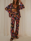 Printed Collared Neck Long Sleeve Top and Pants Lounge Set