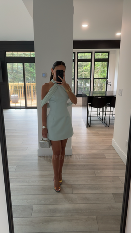 Light Cyan Halter Off-shoulder Backless Mini Dress