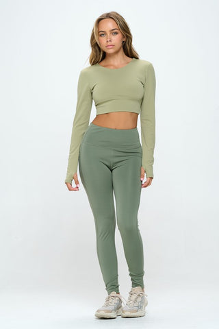 Khaki Long Sleeve Crop Sports Top