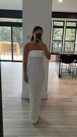 LAINEY WHITE SATIN SEQUIN PEARL BEADED MAXI DRESS