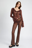 BROWN LACE FLARED MESH PANTS
