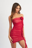 RUCHED TUBE MINI DRESS WITH ROSE DETAIL