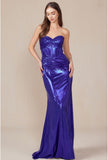 SLEEVELESS STRAPLESS TWISTED PLEATED METALLIC GOWN