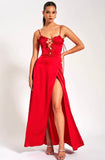 RUBY RED LACE UP HIGH SLIT SATIN DRESS