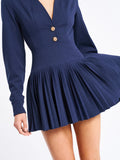 VALARIE NAVY BLUE DENIM STYLE PLEATED MINI DRESS