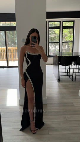 XOANA BLACK CRYSTAL EMBELLISHED HIGH SLIT GOWN