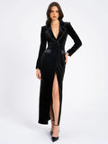 WILLOW BLACK VELVET HIGH SLIT BLAZER GOWN