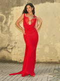 ULANDA RED CHIFFON LACE BACKLESS MAXI TRAIN DRESS